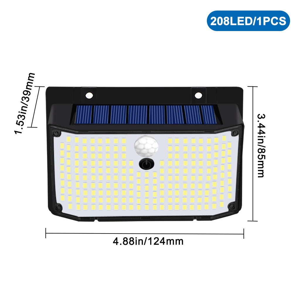 Outdoor Solar Security Wall Light PIR Motion Sensor 3 Modes Waterproof Super Bright LED Lamp for Garden Yard Fence Garage Door Zpaxo 208 LEDS