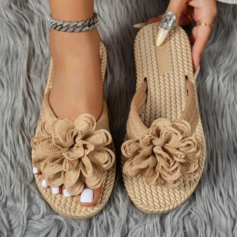 Women's Clip-toe Flower Embellishment Vintage Slippers Women Zpaxo Khaki 37