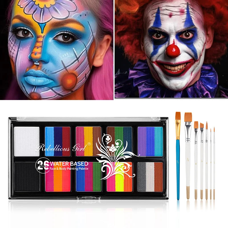 10-grid 26 color Water-Based Body Paint Palette,Easy-to-Clean Face & Body Paint Palette with Brushes,Body Paint Makeup for Party Zpaxo SET-C