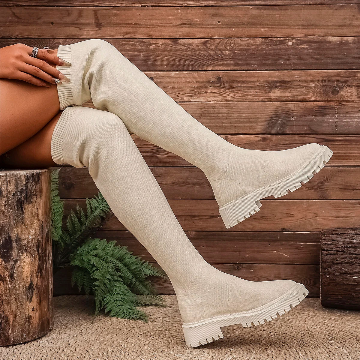2025 New Women Knee Boots Trend Slip on Shoes Woman Thick Bottom Luxury Knee High Boots Chunky Platform Knitted Long Boots Women Zpaxo