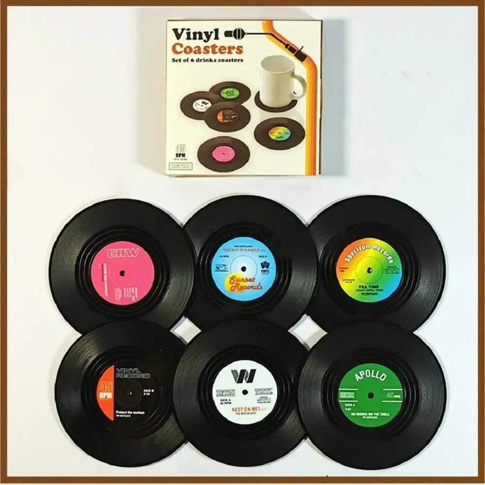 2/4/6PCS Retro Vinyl Record Cup Coaster Anti-slip Coffee Coasters Heat Resistant Music Drink Mug Mat Table Placemat Decor Zpaxo A-6PCS