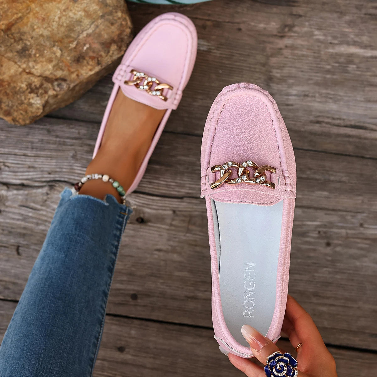 Women's Casual Metal Chain Decoration Single Shoes Spring Autumn Zpaxo Pink 37