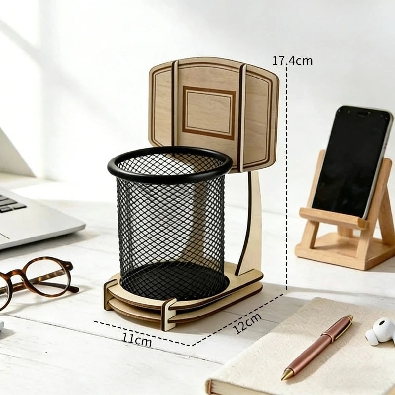 Creative Basketball Hoop Multi-functional Storage Tube, Suitable for Home Living Room ,Tabletop Wooden Assembly Storage Box Zpaxo black