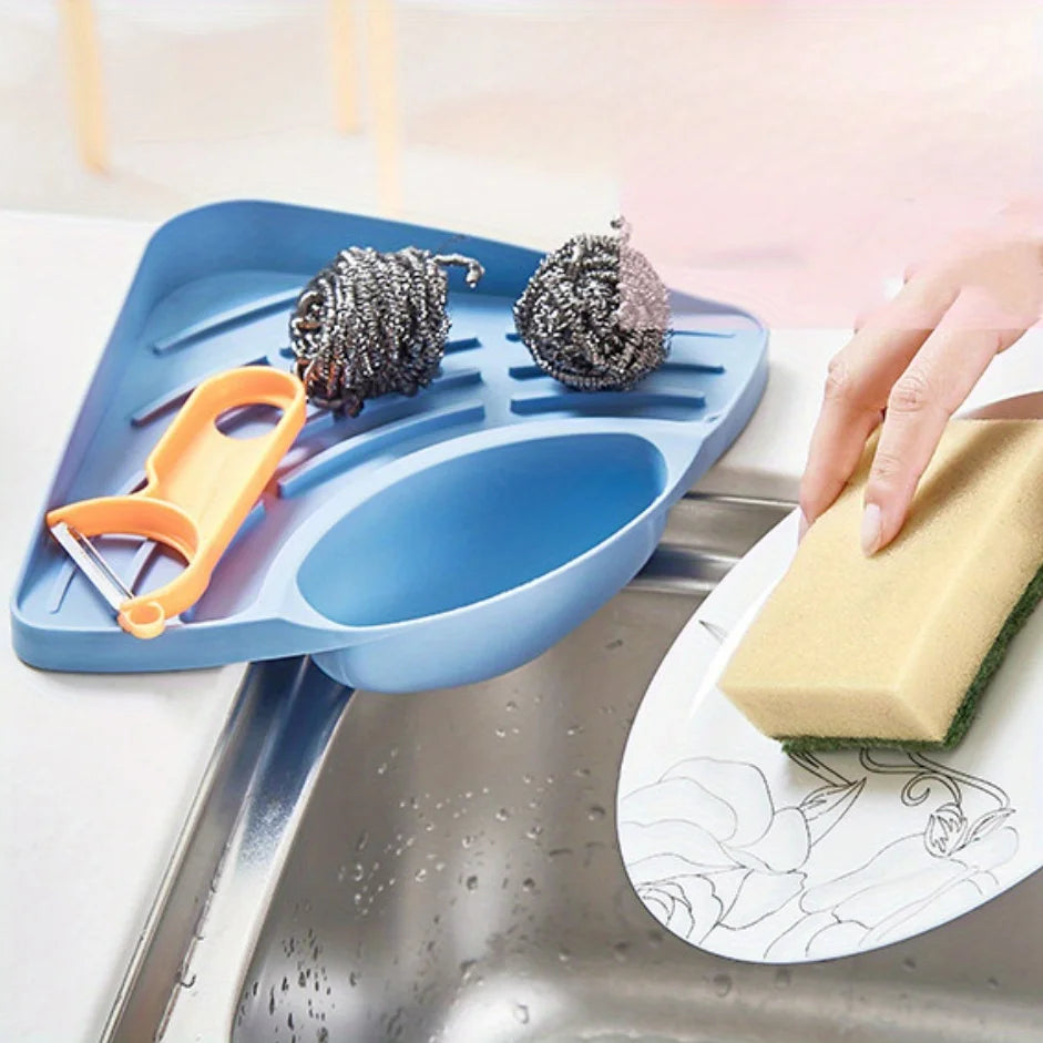 Kitchen Sink Triangle Organizer – Sponge & Utensil Drain Rack Sink Corner Organizer Zpaxo Blue