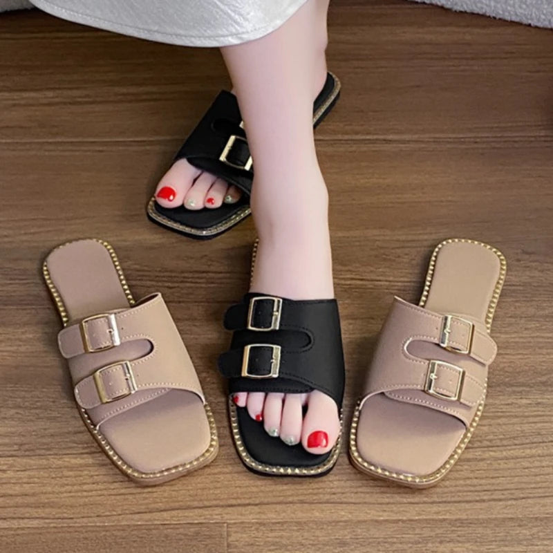 Women's Square Open Toe Comfortable Double Buckle Strap Slippers Zpaxo