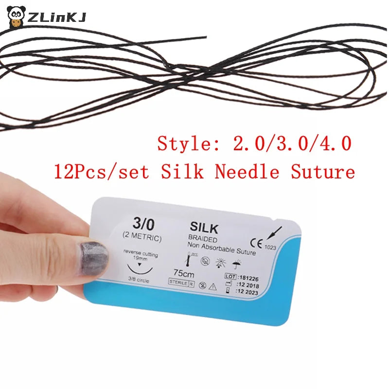 ▶12PCS 2.0/3.0/4.0 Dental Surgical Needle Silk Thread Suture Surgical Practice Kit Zpaxo