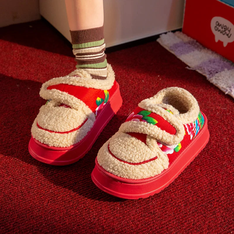 SHAJI Womens Winter Flower Plush Fluffy Fuzzy Cotton Slippers Warm