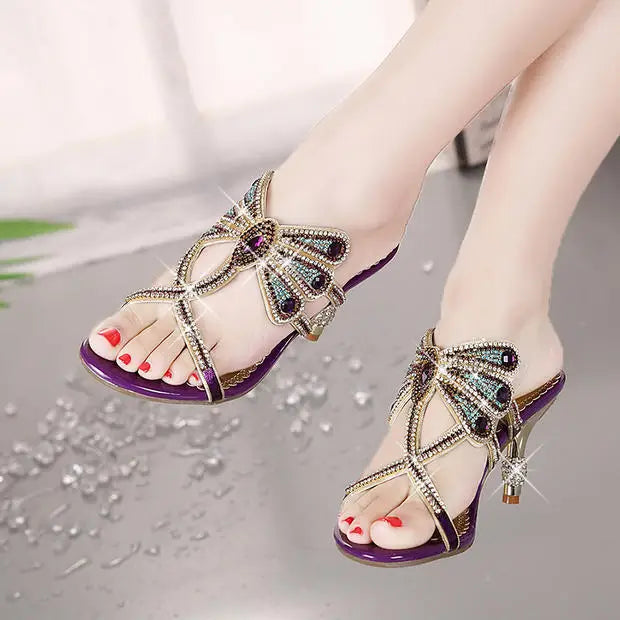 Summer Rhinestone Sandals Leather Glitter Women Open Toe Heels Party Zpaxo Purple heel 8cm 33(Foot 21.5cm) China Mainland