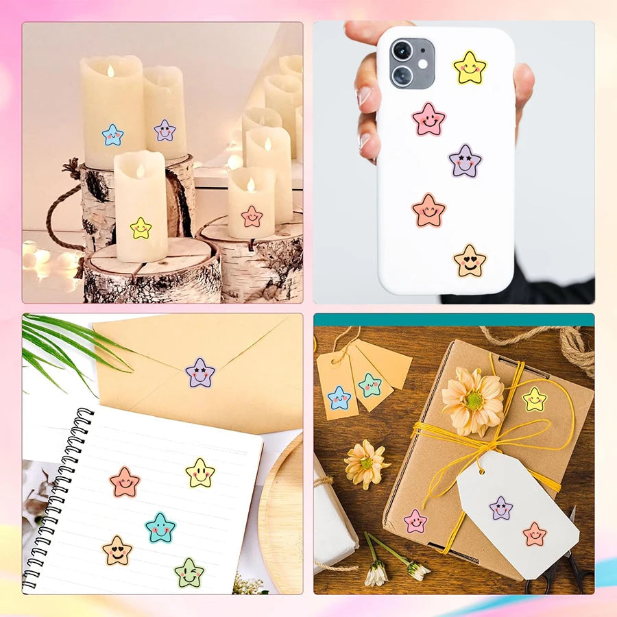 500 Pcs Colorful Star Expression Stickers Roll - Pastel Aesthetic Star-Shaped Labels with Cheerful Design, Self-Adhesive Zpaxo