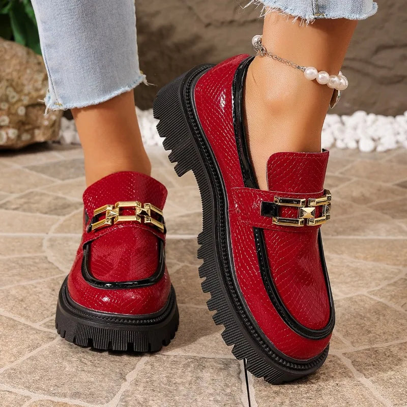Metal Buckle Embellishment Spring Autumn Women Round Toe Comfortable Zpaxo