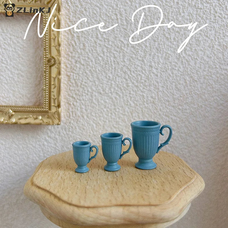 ▶1Pcs Dollhouse French Retro Mini High Foot Relief Mark Coffee Cup With Handle Miniature Scene Decoration High End Stemmed Mugs Zpaxo