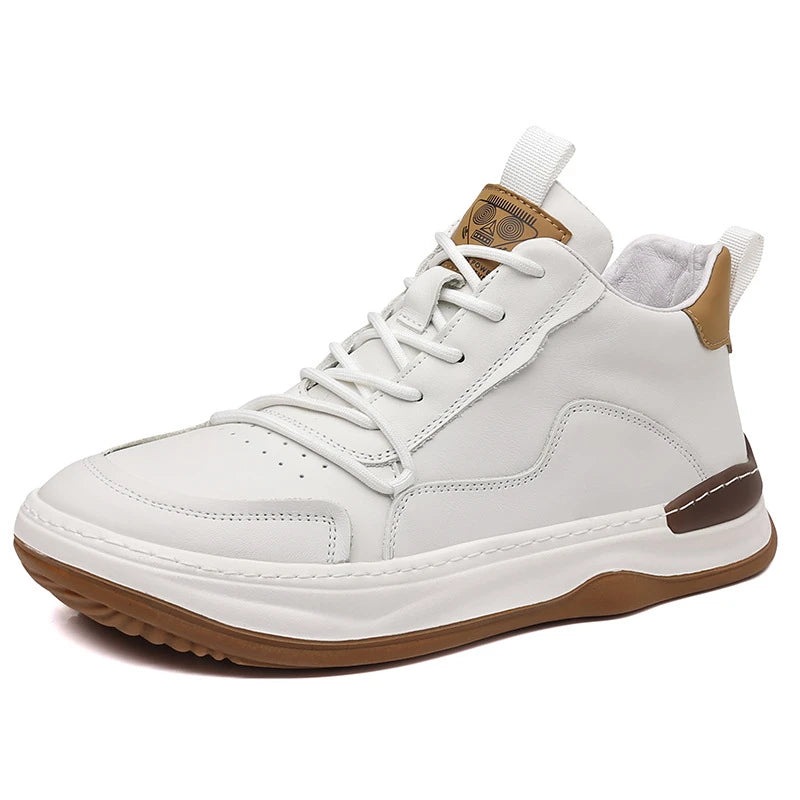 Mens Simple White Brown Leather Mid Sneakers Lace Up Casual Zpaxo