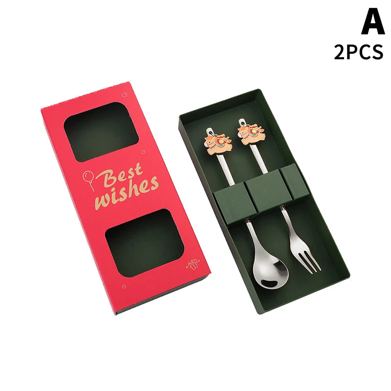 Chinese New Year Themed Cutlery Set Stainless Steel Creative Cartoon Year Of The Horse Fork Spoon 2/4/6pcs Holiday Gift Cutlery Zpaxo A2PCS