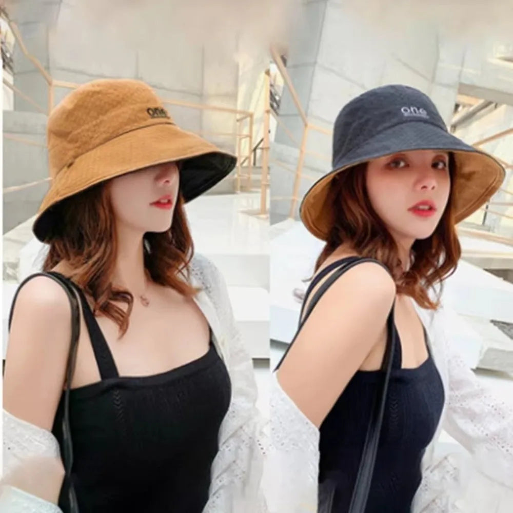 Fashion Double-Sided Bucket Hat Large Brim Sun Protection Panama Hat Letter Embroidery Breathable Sun Hat Zpaxo
