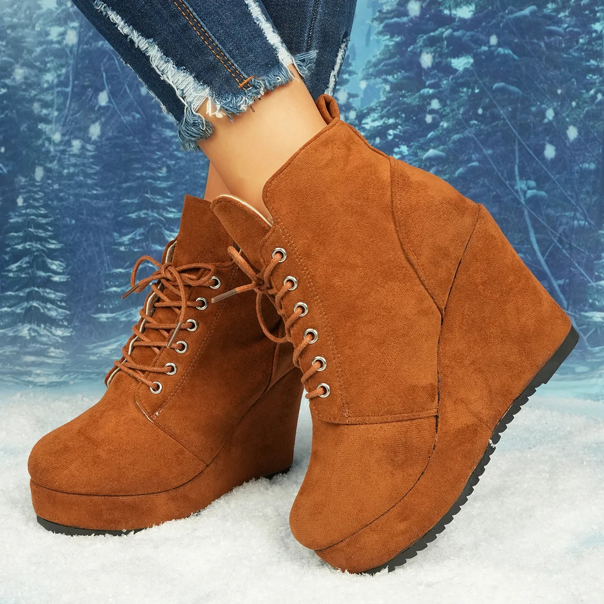 2025 New Women Boots Plus Size Chunky Platform Ankle Boots Woman Autumn Winter Short Booties Fashion Lace Up Wedge Shoes Women Zpaxo chocolate color 43