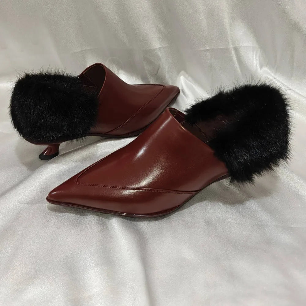 Fur Women Luxury Heeled Shoes Pointed Toe Fashion Dress Pumps Autumn Zpaxo 34 Red