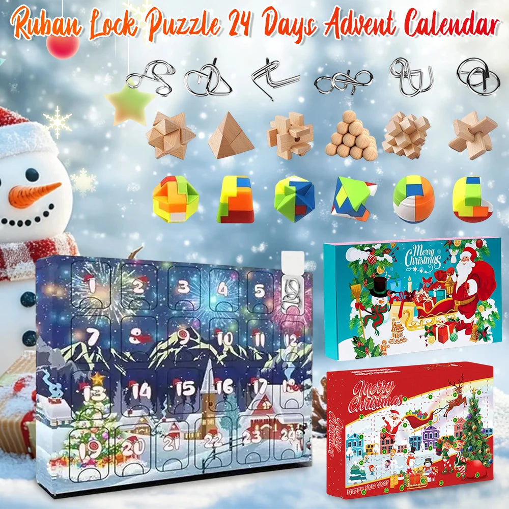 Metal Puzzle Christmas Advent Calendar Gifts Box Ruban Lock Puzzle Xmas Countdown Calendar Box Brain Teaser Fidget Toy Zpaxo