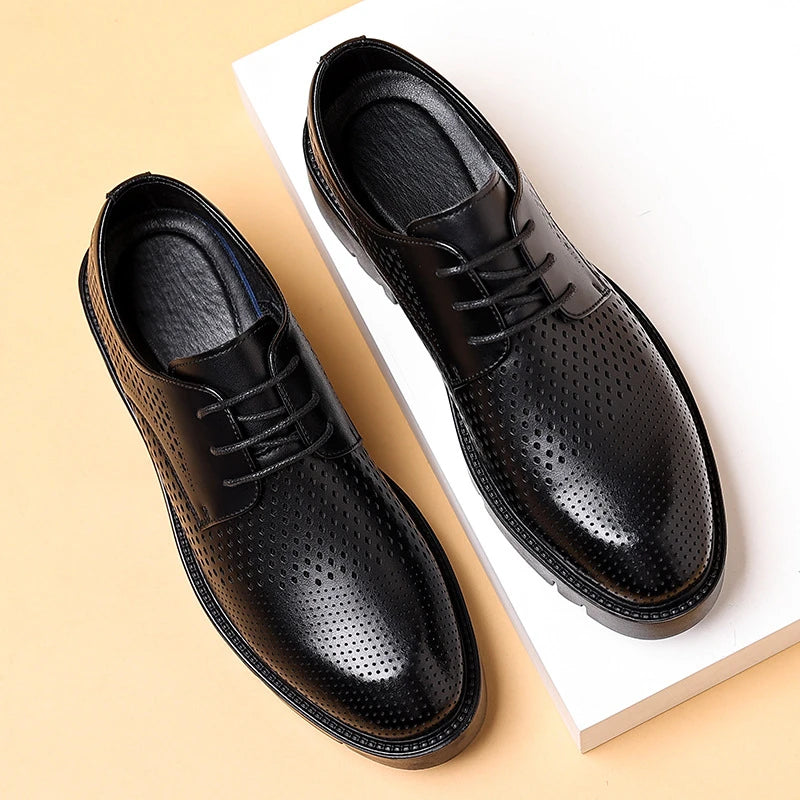 Mens Black Leather Perforated Pointed Toe Lace Up Formal Business Zpaxo