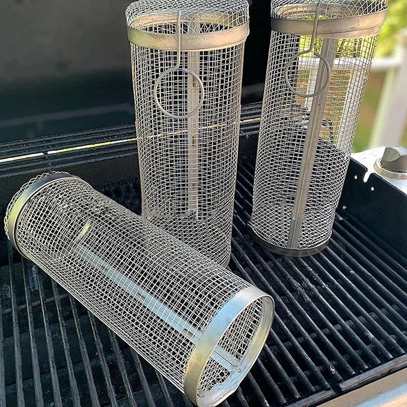 BBQ Grill Basket Rolling Grilling Basket Barbecue Cages Barbecue Grill Grate Cylinder Grilling Baskets for Outdoor Camping Zpaxo