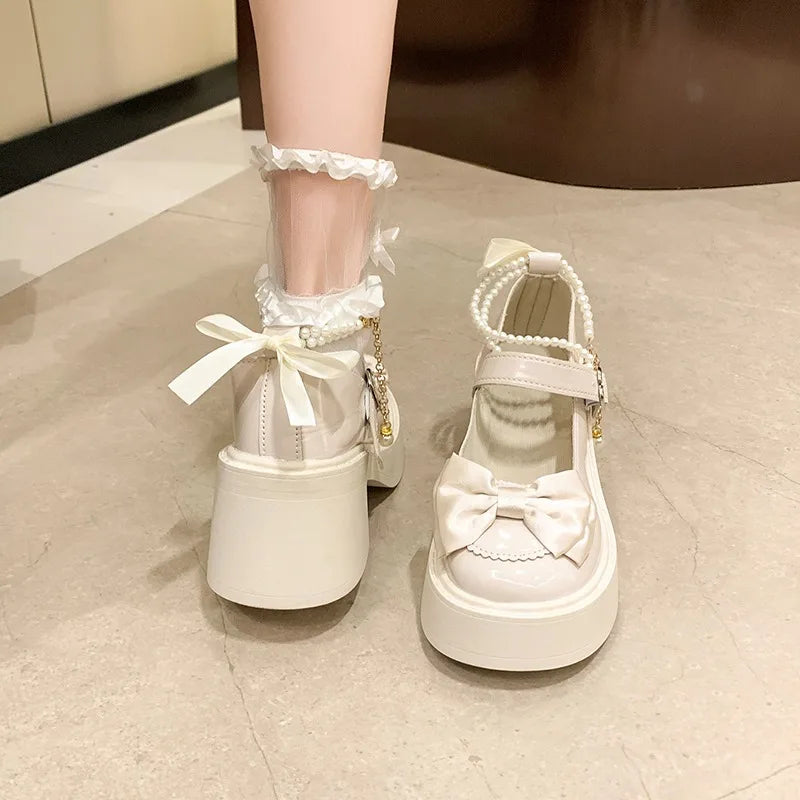 Women's Bow Embellishment Pearl Chain Thick Sole Heel Lolita Shoes Zpaxo