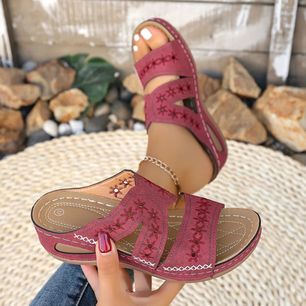 Women Wedge Sandals Orthopedic Open Toe Vintage Anti-slip Leather Zpaxo claret 43