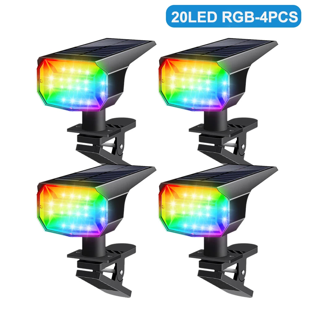 4PCS Outdoor Solar Clip On Lights Warm White RGB Solar Powered Spot Light IP65 Waterproof Solar Railing Wall Light For Garden Zpaxo 20LED RGB