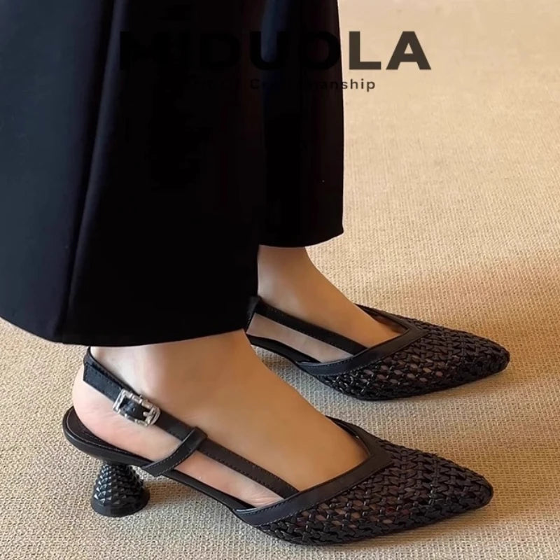 French Square-toed Woven High-heeled Sandals 2025 Summer Shoes