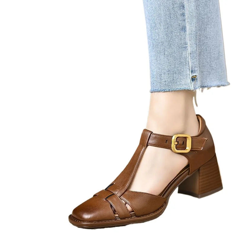 2025 New Fashion Classics Genuine Leather Sandals Woman Thick High Heels Sandals Office Ladies Dress Summer Shoes Heels Women Zpaxo