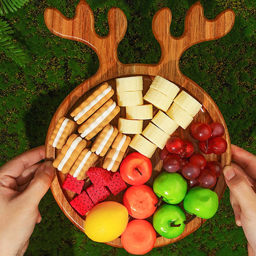 1- Christmas Wood Antler Appetizer Platter Decorative Tree Tray Plate