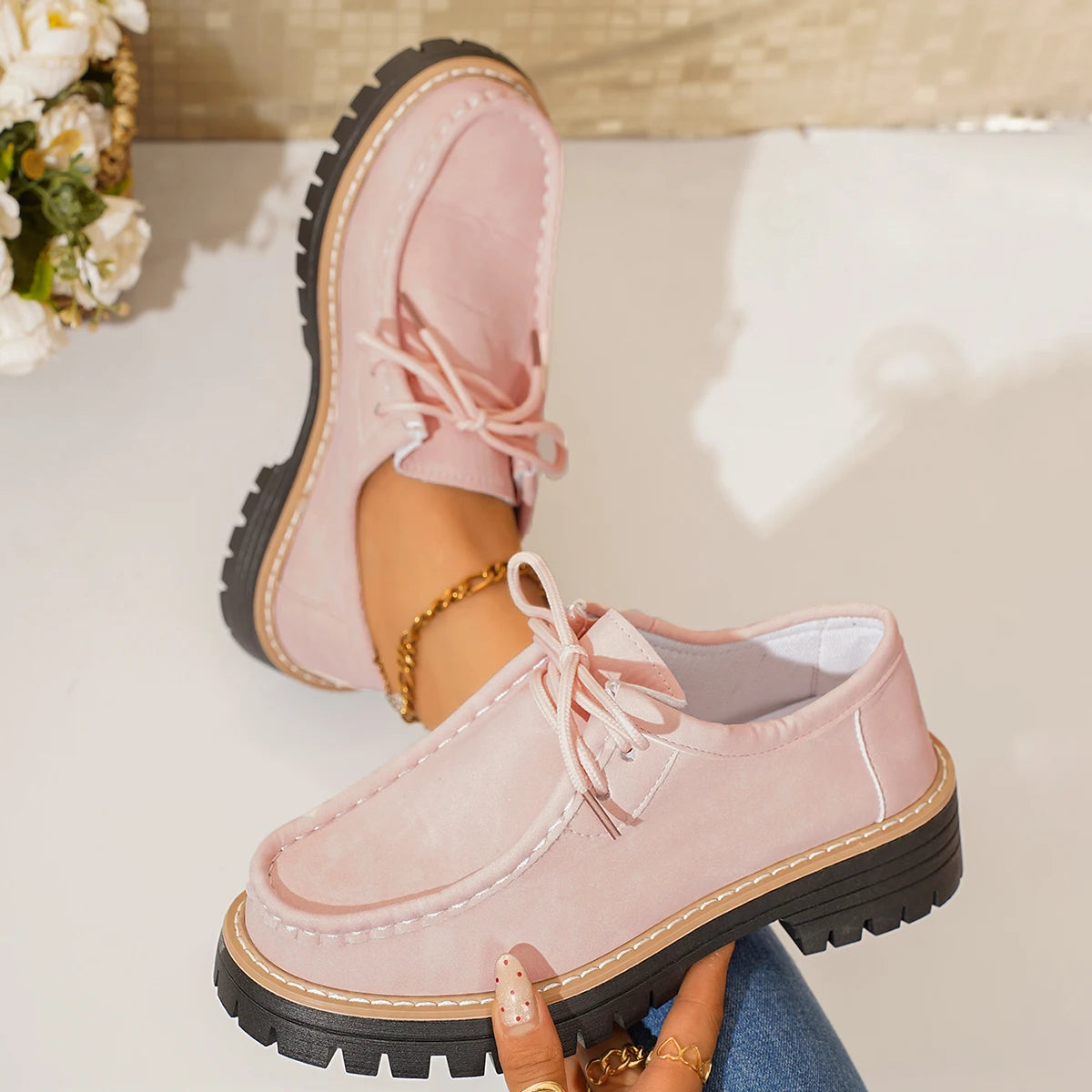 Women Loafers 2025 New Thick Heel Chunky Sole Flats Shoes Comfortable Sneakers Women Spring Autumn British Style Women Shoes Zpaxo Pink 42