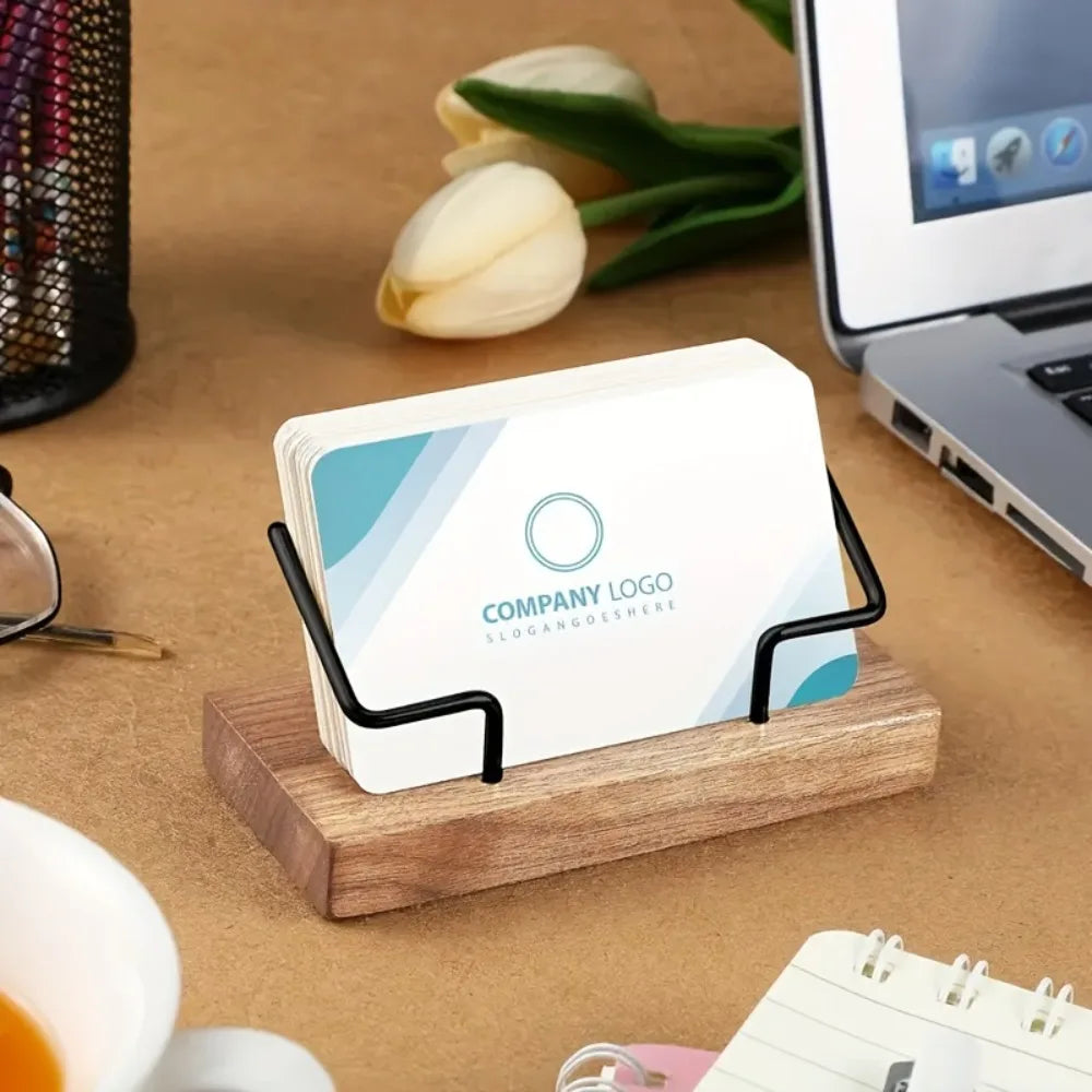 Wood Business Card Holder Desk Wooden Display Stand Postcard Office