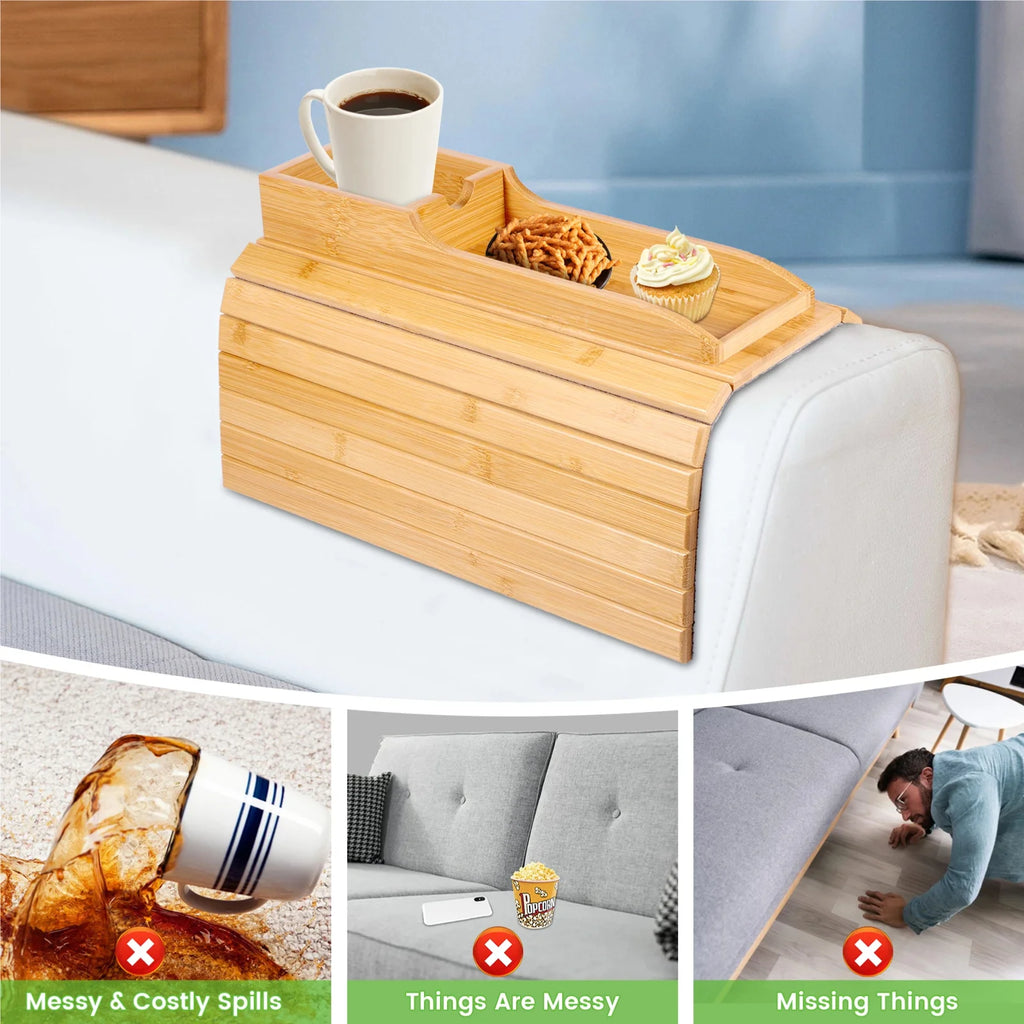 Bamboo Sofa Armrest Tray – Anti-Slip Foldable Couch Cup Holder Sofa Armrest Tray Zpaxo