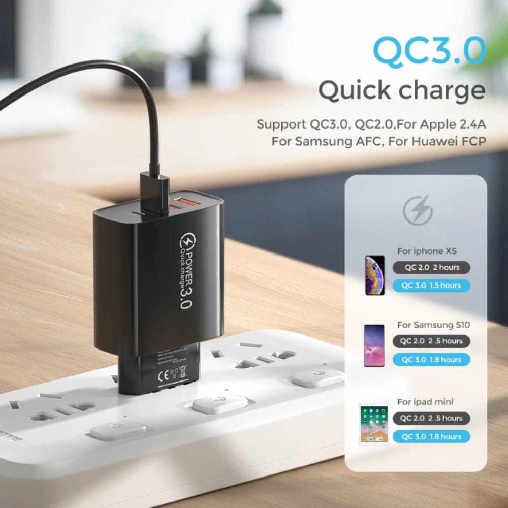60W 4-Port USB Wall Charger – PD USB-C & Quick Charge 3.0 USB Wall Charger Zpaxo