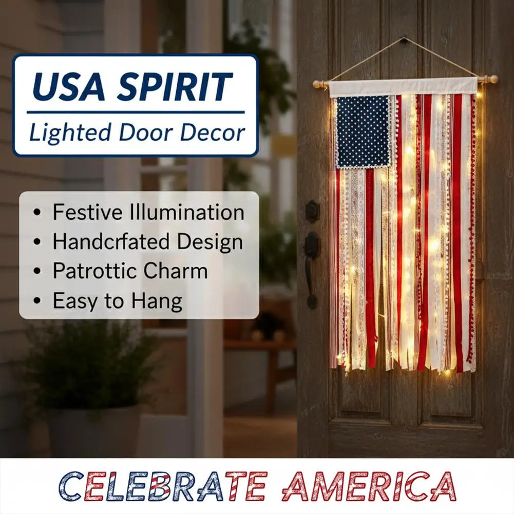 4th of July USA Flag Wall Hanging Banner with LED Lights Patriotic Wall Banner Zpaxo
