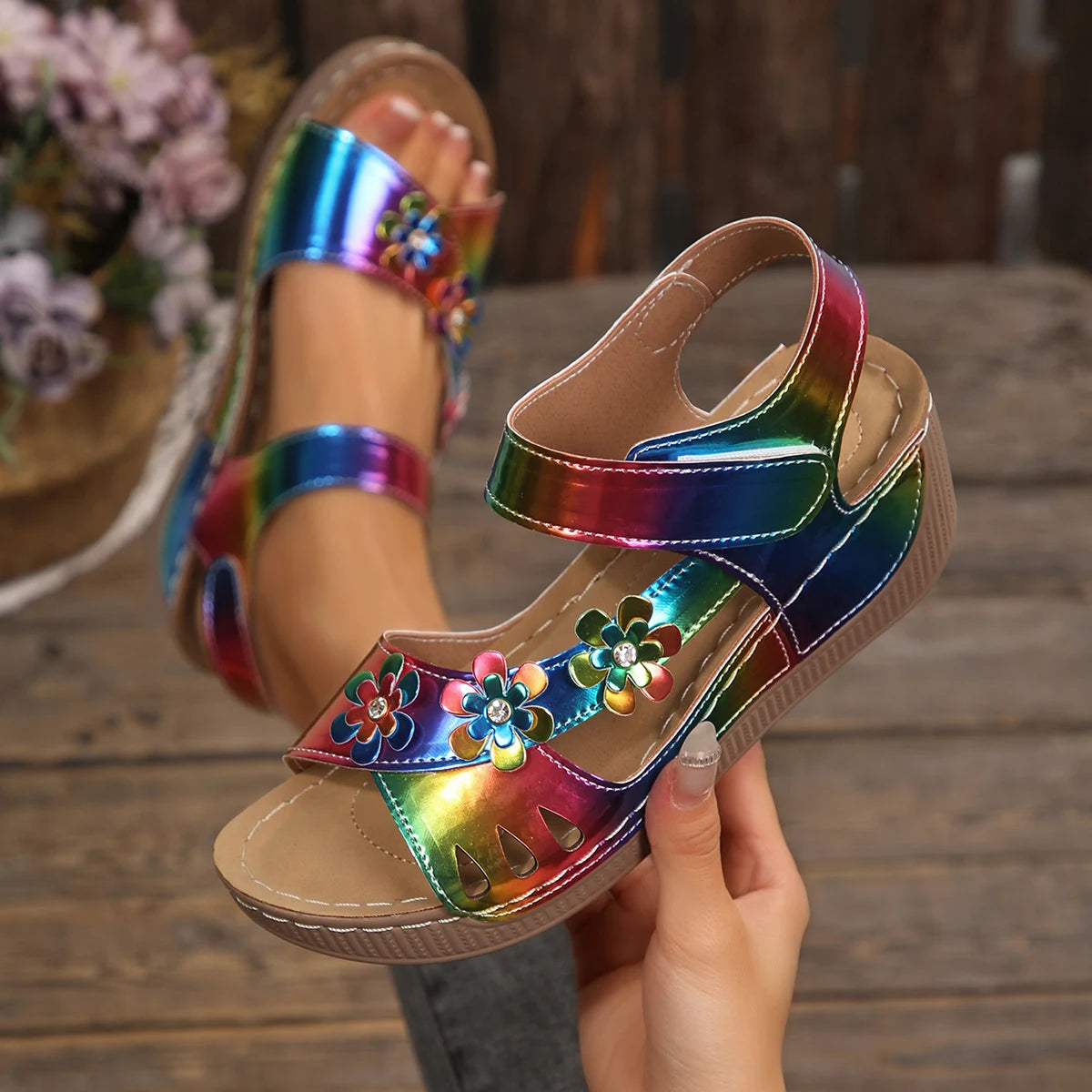 Women Flower Wedge Sandals 2026 New Platform Sandals Chunky Heel Open Toe Beach Shoes Casual Outdoor Sandals Zapatos De Mujer Zpaxo rainbow colors 36