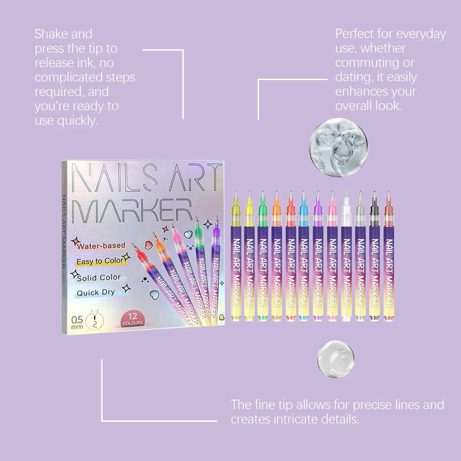 12-Color Nail Art Marker Pen Set | 0.5mm Ultra Fine DIY Manicure Nail Art Pen Set Zpaxo