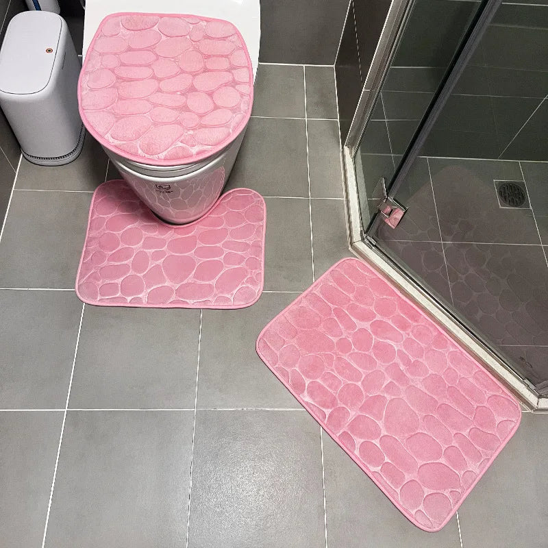 3PCS Solid Color Simple Bathroom Water-absorbing and Non-slip Floor Mat Stone Pattern, Comfortable and Soft, Three-piece Set Zpaxo PINK Three piece set