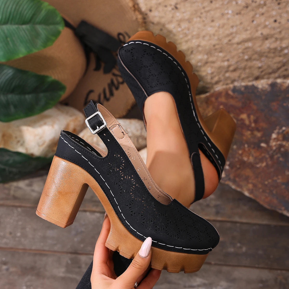 Women Chunky Heel Sandals 2026 New Fashion Hollow Beach Shoes Lightweight High Heeled Sandals Casual Designer Shoes for Women Zpaxo black 36