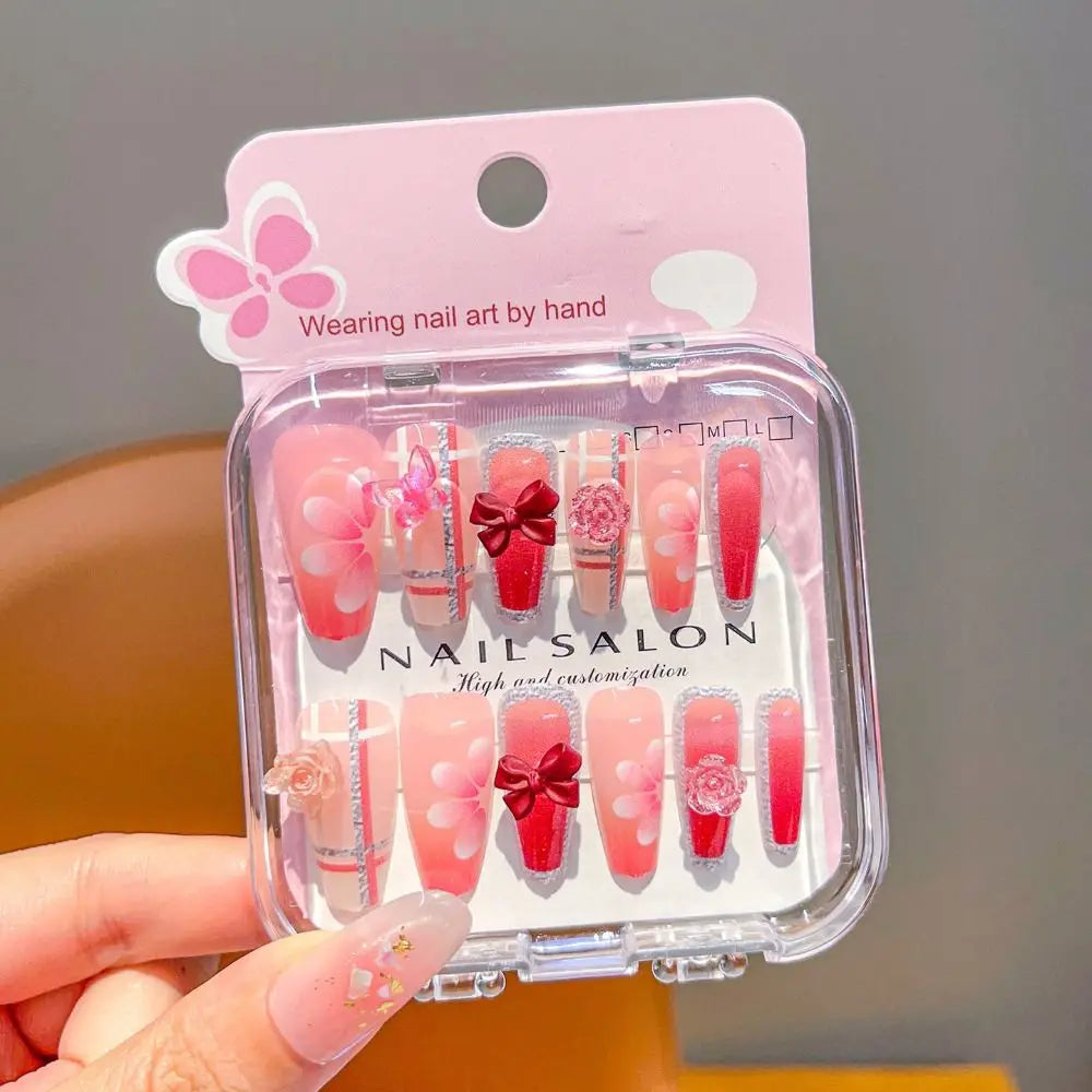 Hot Cartoon Children Wearing Nails Cherry Love Heart Cute Press on Nail Detachable Long Nail Sticker for Girls Students Zpaxo