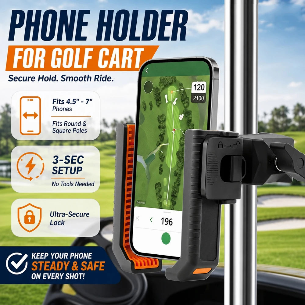 Golf Cart Phone Holder Tool Free Anti Shake Mount Universal Square Round Pole Handlebar Clamp for 4.5 to 7 Inch Screen GPS Zpaxo