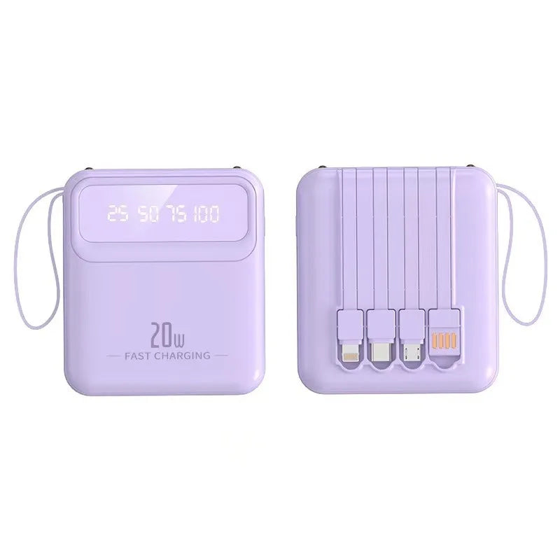 New 20000mAh Mini 4in1 Cable Portable Charger Fast Charging LED Digital Display Power Bank Suitable for IPhone Xiaomi Samsung Zpaxo Purple 10000mAh
