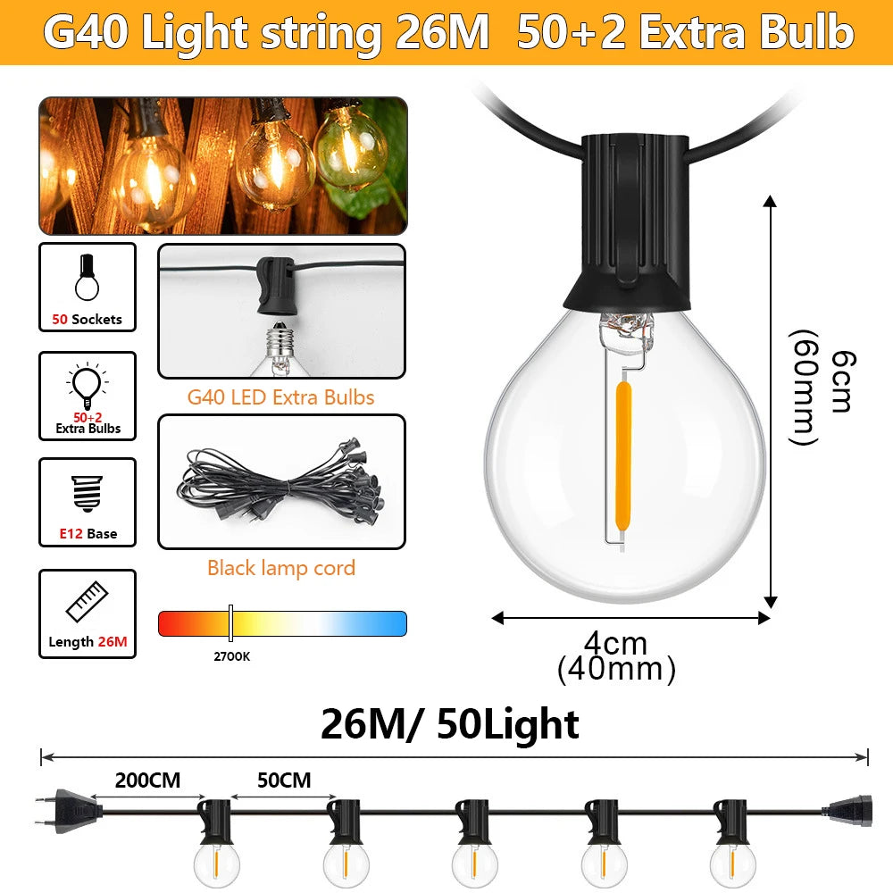Outdoor String Lights G40 LED Patio Lights EU Plug Edison Bulbs Waterproof Hanging Light for Backyard Party Wedding Camping Lamp Zpaxo 26M 50Bulbs 220V-EU Plug