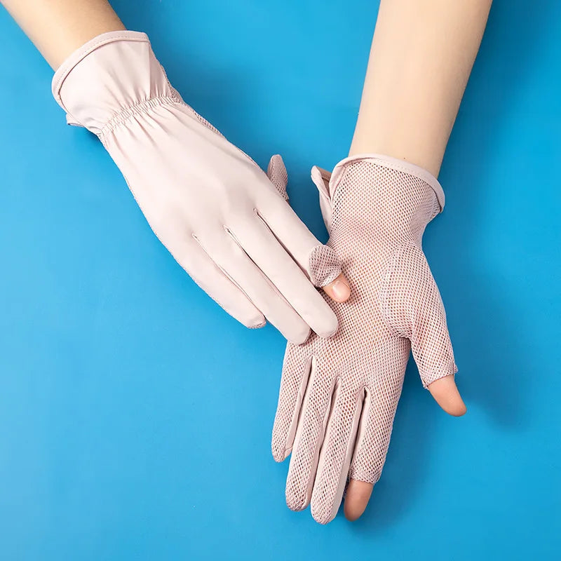 Summer sun protection gloves women's flip open finger outdoor electric bike mesh breathable UV resistant thin ice silk gloves Zpaxo pink glove