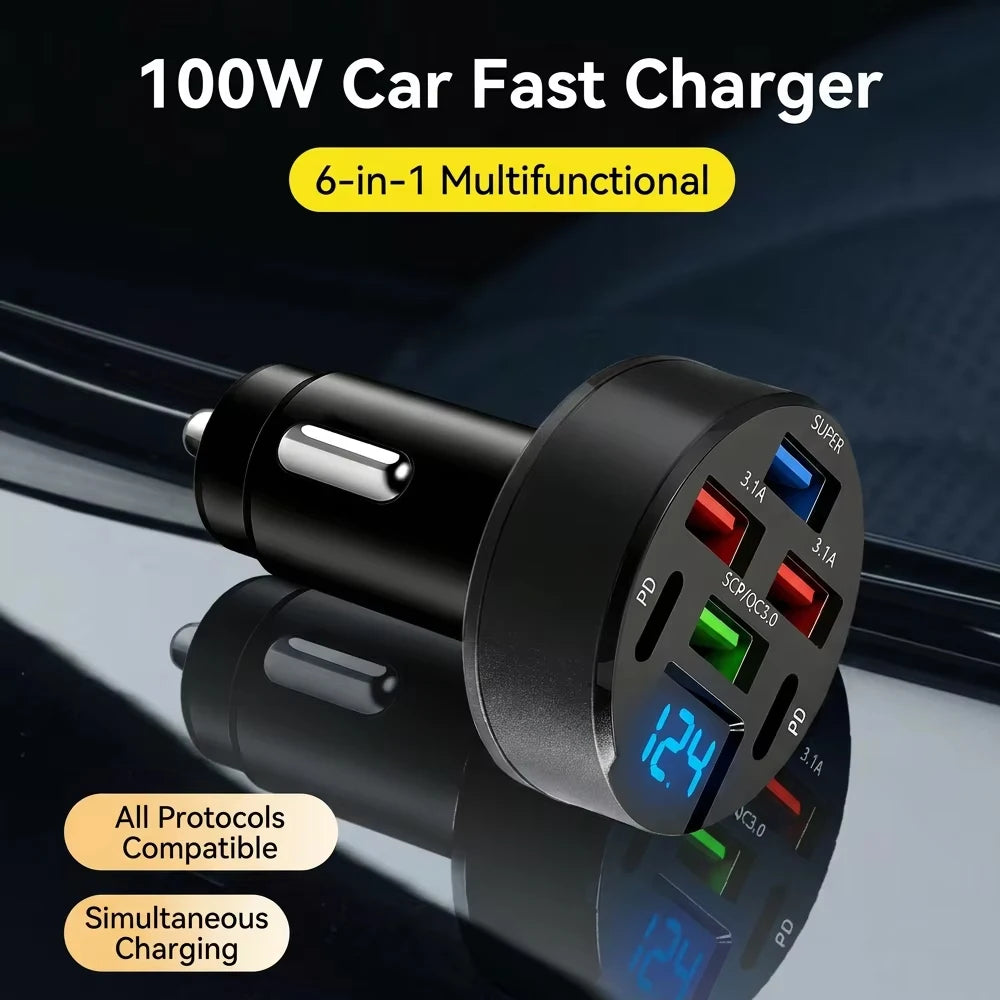 6 Port USB C Car Charger Real-time Voltage Display Multi 12V 24V Fast Zpaxo