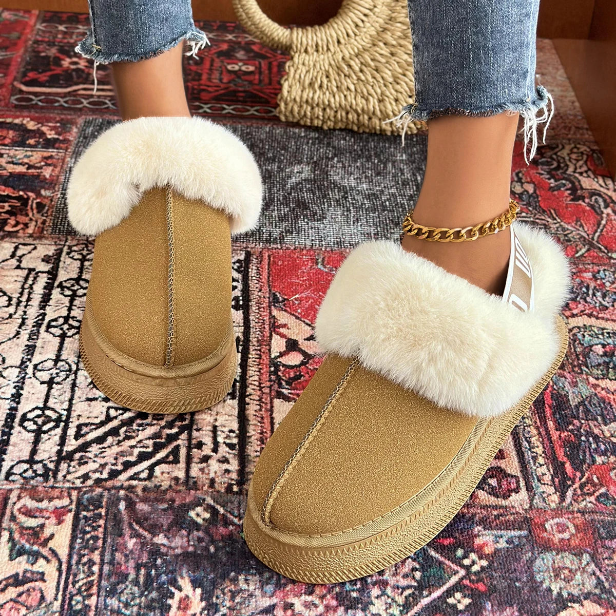 Women Cotton Slippers 2025 New Platform Slides Women Thickened Fluff Lined Flat Shoes Women Winter Thick Bottom Half Slippers Zpaxo