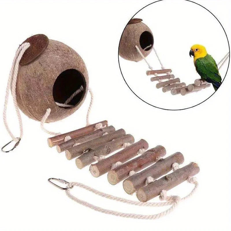 Parrot Natural Coconut Shell Bird Nest Climbing Ladder Cozy Hanging