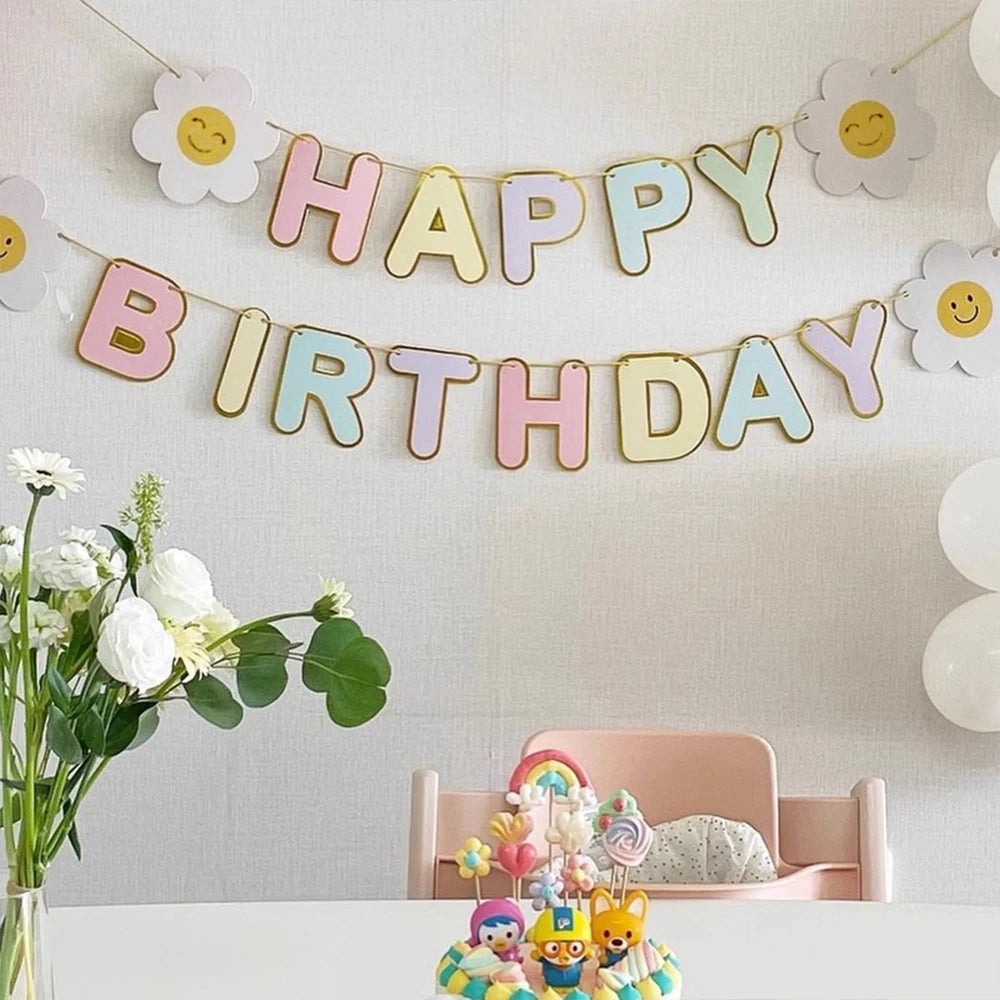 Birthday Hanging Banner Flower Daisy Smiling Face Fairy Princess Castle Banners for Girls Boys Adults Birthday Party Decoration Zpaxo