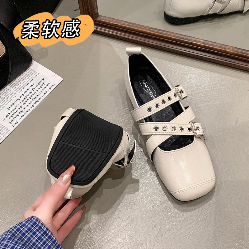 Square Toe Loafers Shoes Woman Soft Leather Retro Sandals Shallow