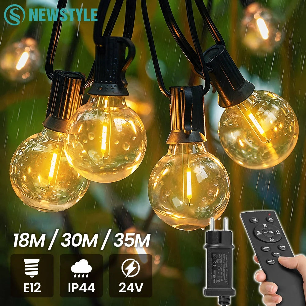 Outdoor String Lights with Remote Low Voltage 24V Dimmable 2700K Warm White Timer & 3 Modes G40 Bulbs String Light for Garden Zpaxo