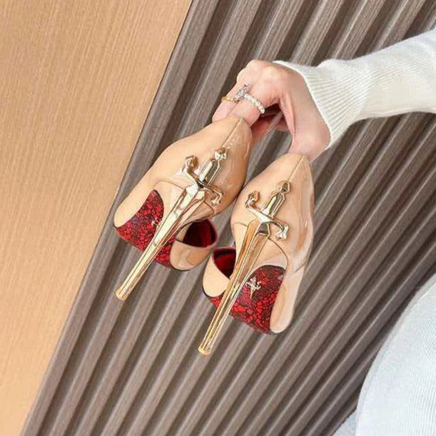 8CM Fashion Womens High Heel High Quality Metal Scepter Stiletto Pointed Leather Women Shoes Premium Single Shoes for Women Zpaxo 40 Beige